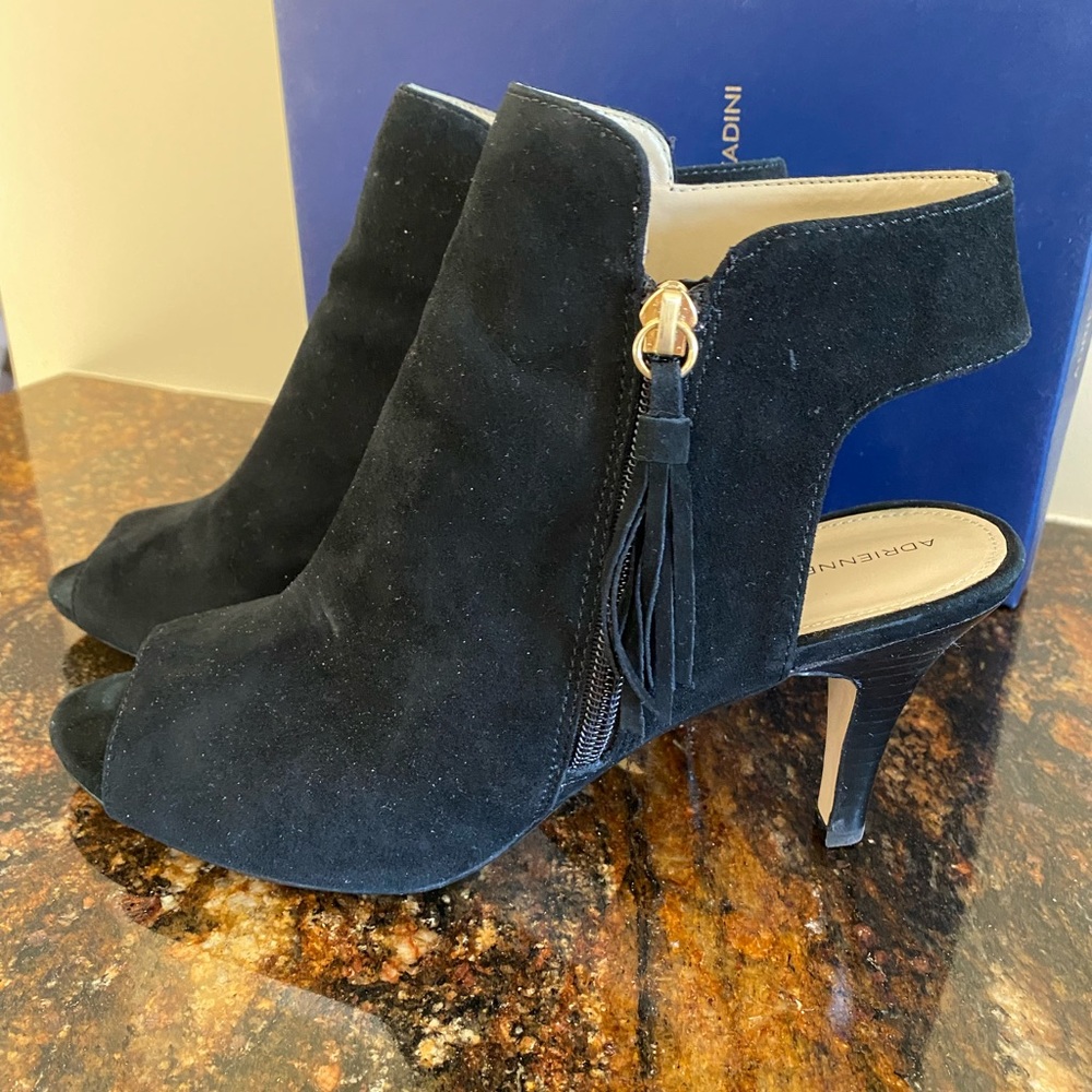 Suede Peep Toe Ankle Bootie Sling Back Side Zipper and Tassel Black